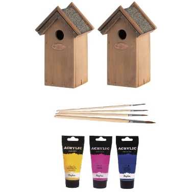 2x houten vogelhuisje/nestkastje 22 cm - roze/geel/blauw dhz schilderen pakket