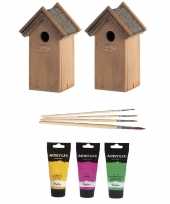 2x houten vogelhuisje nestkastje 22 cm roze geel groen dhz schilderen pakket